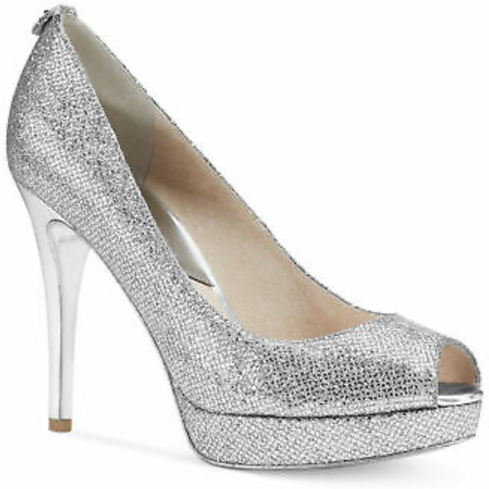 Michael Kors Glittering Silver Peep Toe Heels - Picture 1 of 15